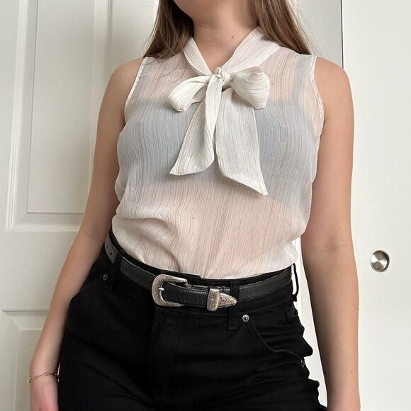 Cute Bow Tie Front White & Gold Metallic Stripe Blouse - Picture 3 of 4